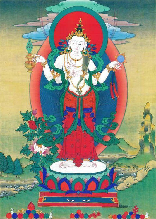 Chenrezig - Padmapani - Tibetan thangka painting, front view