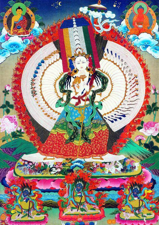 Usnisa Sitatapatra - Great White Parasol - Tibetan thangka painting, front view