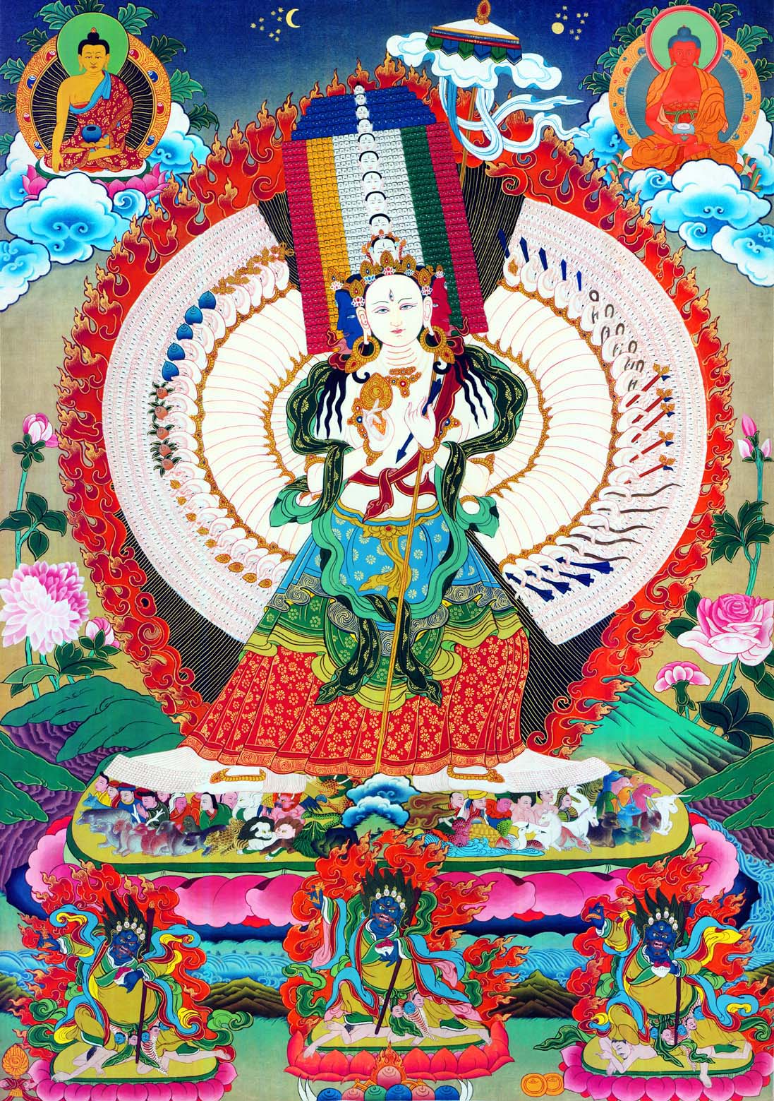 Gandhanra Tibetan Thangka Art - Usnisa Sitatapatra - Great White Parasol - from Kathok Monastery - Giclee Print with Mineral Pigments