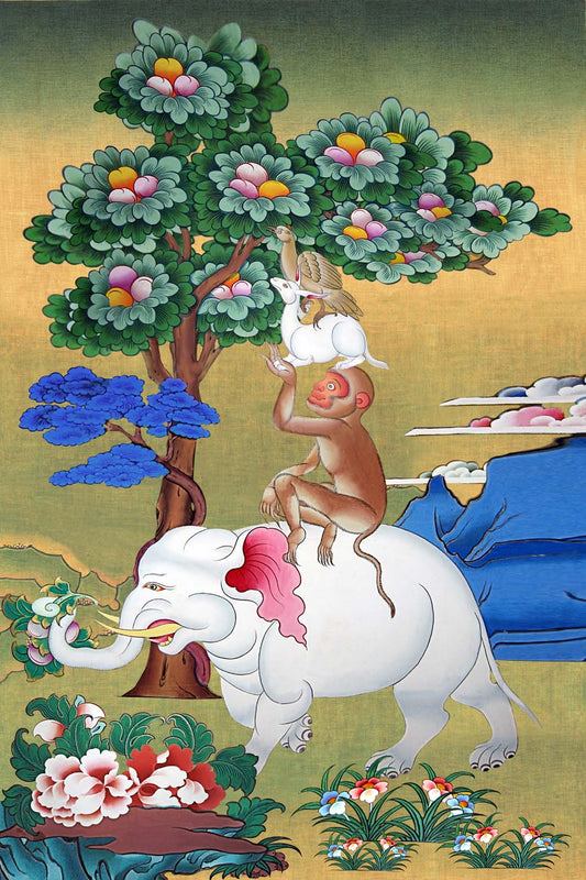 Gandhanra Tibetan Thangka Art -  Four Harmonious Animals - from Kathok Monastery - Giclee Print with Mineral Pigments
