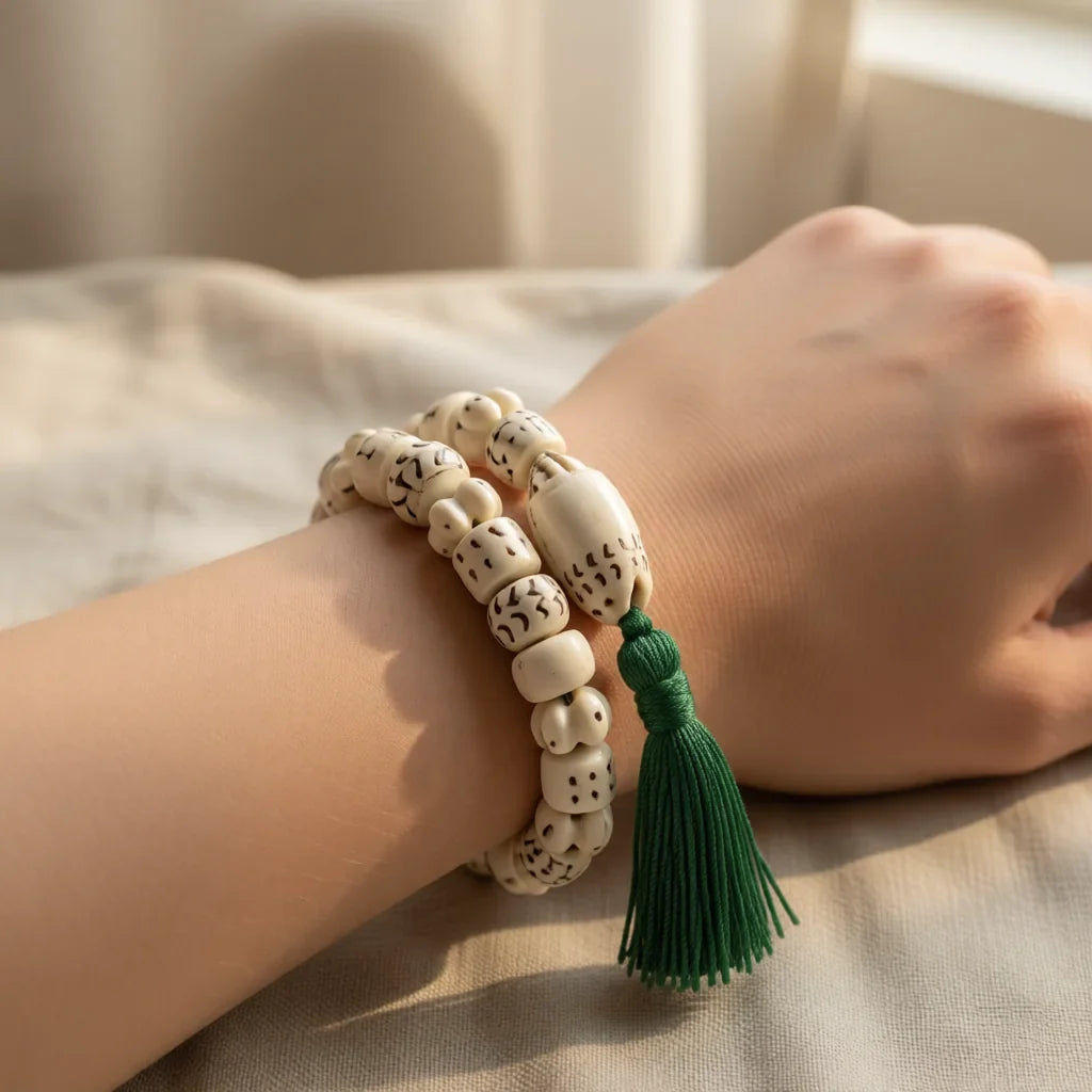 Tibetan Conch Shell Wrist Mala Bracelet - Tibetan Buddhist mala beads, front view