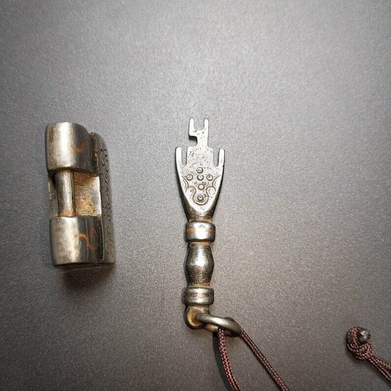 Iron Padlock Amulet, Mini Lock for Home Decor / Suitcase - Tibetan Buddhist amulet, size reference
