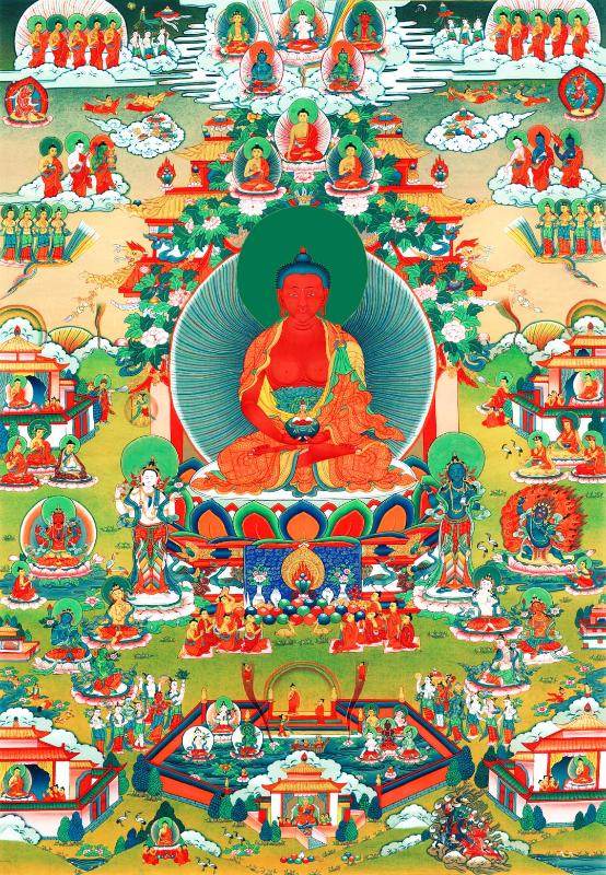 Amidabha in Pure Land - Tibetan thangka painting, front view