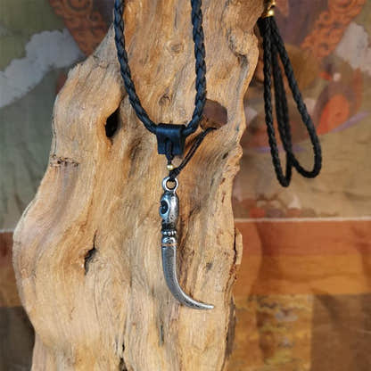 Skull Wolf Tooth Amulet 2.16" - Tibetan Buddhist amulet, close-up detail