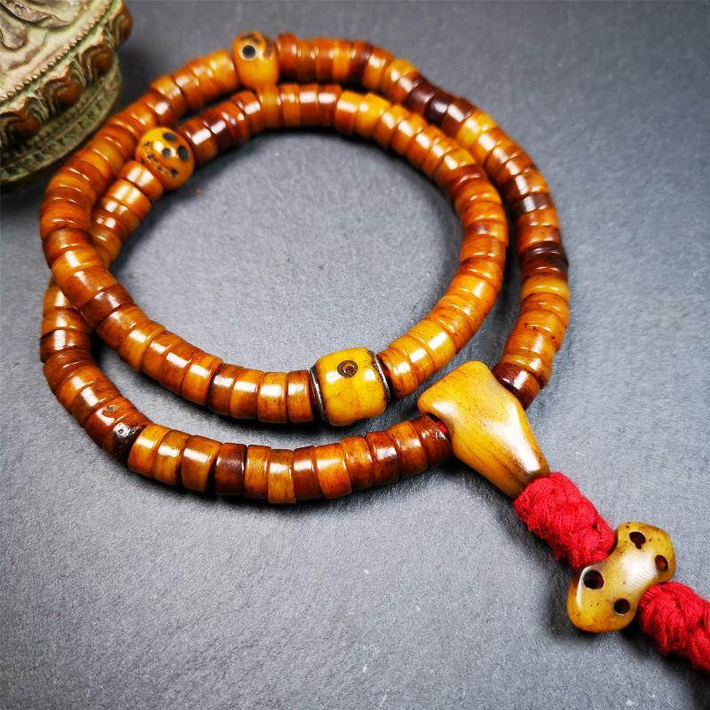 8.5mm Yak Bone Mala,48cm - Tibetan Buddhist mala beads, close-up detail
