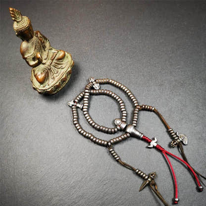 0.2" Cold Iron Mala,15" - Tibetan Buddhist mala beads, front view