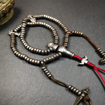 Gandhanra Handmade Tibetan Mala,Made of Cold Iron ,Old 108 Prayer Beads Necklace with Counters,Tibetan Rosary for Meditation,15"