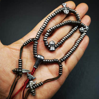 0.2" Cold Iron Mala,15" - Tibetan Buddhist mala beads, detailed view
