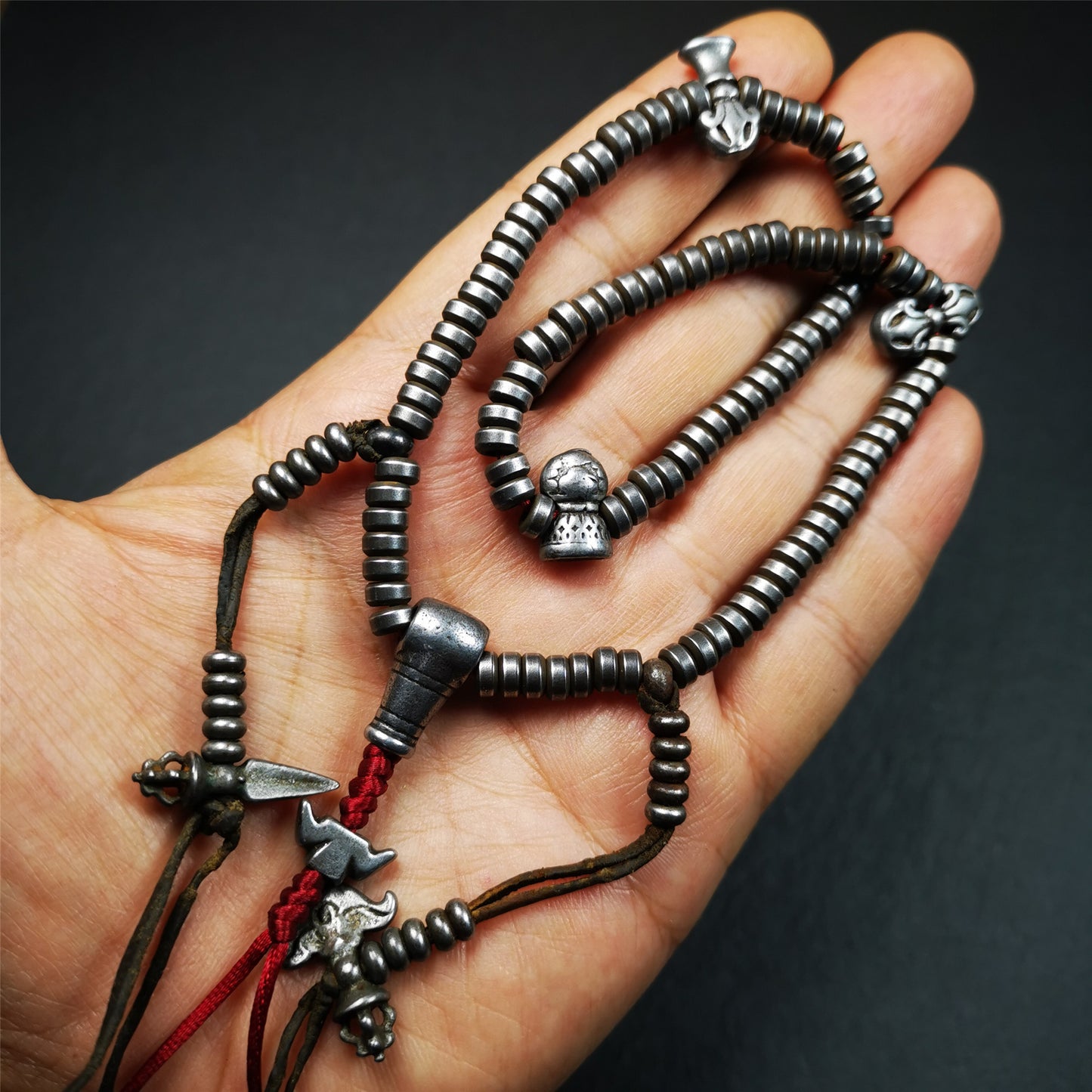 Gandhanra Handmade Tibetan Mala,Made of Cold Iron ,Old 108 Prayer Beads Necklace with Counters,Tibetan Rosary for Meditation,15"