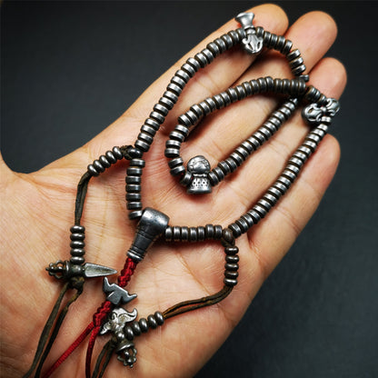 Gandhanra Handmade Tibetan Mala,Made of Cold Iron ,Old 108 Prayer Beads Necklace with Counters,Tibetan Rosary for Meditation,15"