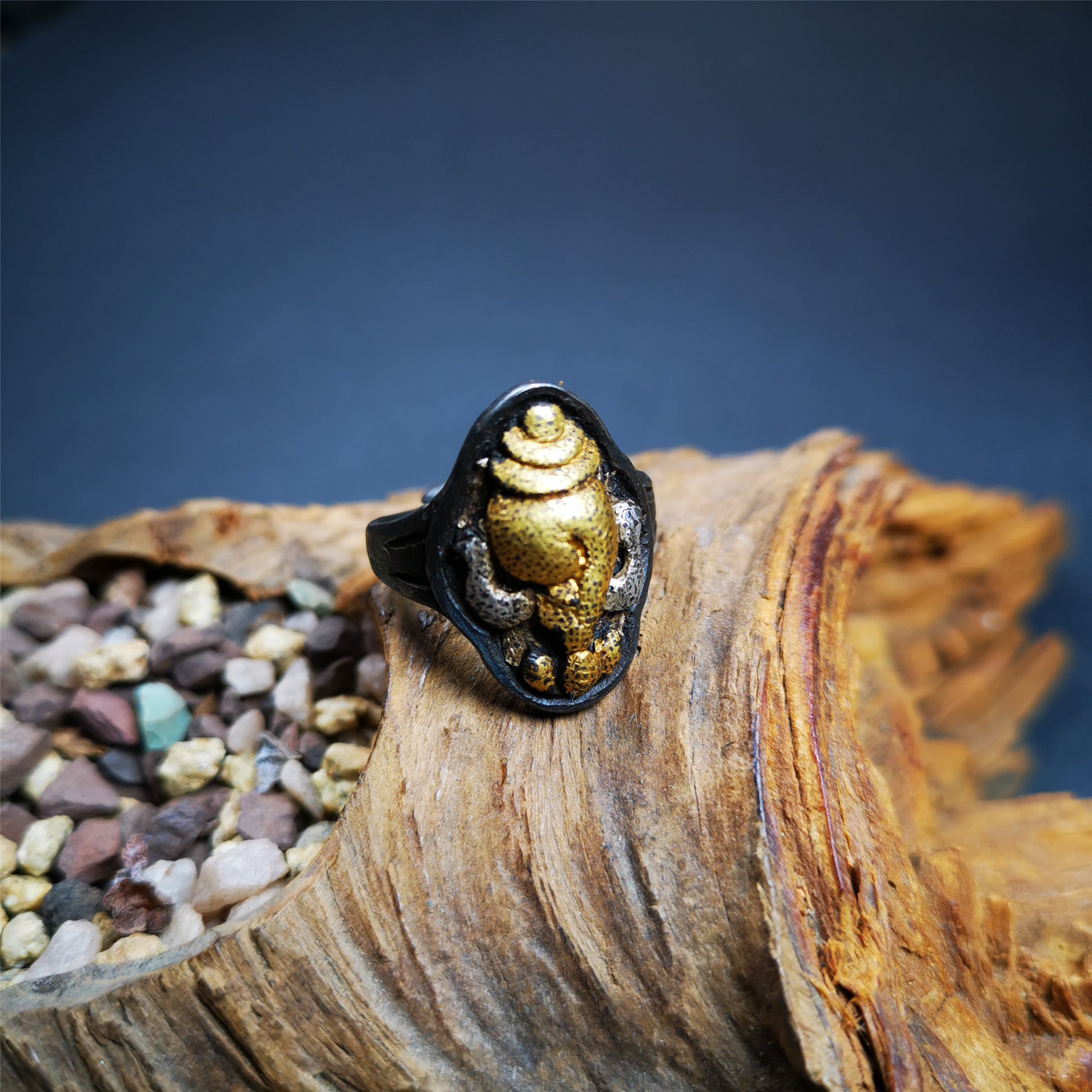 Gandhanra Unique Handcrafted Tibetan Buddhist Conch Ring,Made of Pure Gold Filled and Silver Filled,Protection Jewelry,0.87"