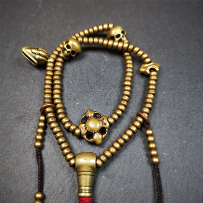 This mala was collect from Hepo Town Baiyu County Tibet 30 years ago, blessed in Yaqing Monastry. The necklace is made of lima brass, total 4 marker beads on it, and 1 set of bead counters ,very delicate and rare.
