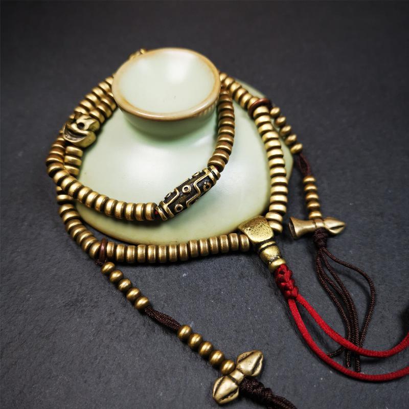 0.2" Lima Brass Mala,15" - Tibetan Buddhist mala beads, view 6