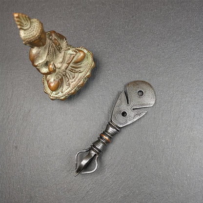 This old kartika is handmade by Tibetan craftsmen,from Hepo Town, Baiyu County. Its upper part is a half vajra, and the lower part is a round shape kartika, made of cold iron,copper wire inlaid, carved with cloud pattern,length is 4.0 inches.