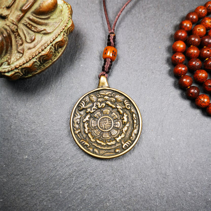 This unique tibetan melong badge was handmade by Tibetan Artist from Baiyu County. It's a Astrology Protective Amulet Pendant,made of lima brass,the front pattern is Tibetan Budhist Protective Amulet Pendant - SIPAHO,the back is harmonious animals.