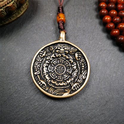 This unique tibetan calendar melong badge was collected from Baiyu Monastery for 30 years. It's a Astrology Protective Amulet Pendant,made of copper. The pattern is Tibetan Budhist Protective Amulet Pendant - SIPAHO(srid pa ho).