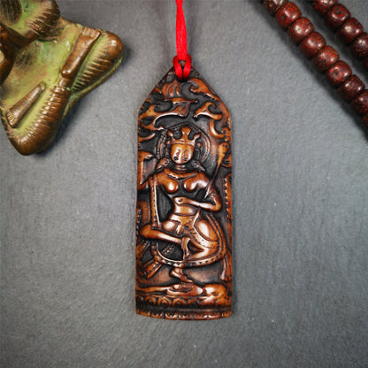 This bone carved Troma Nagmo amulet was collected from Gerze Tibet, hand carved by Tibetan Craft man,about 30 years old. Troma Nagmo literally means the Black Wrathful Lady. She is included in the Dharmapala pantheon as a form of Vajravarahi. 