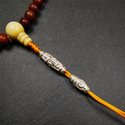 Sterling Silver Dzi Bead - Tibetan dzi bead, close-up detail