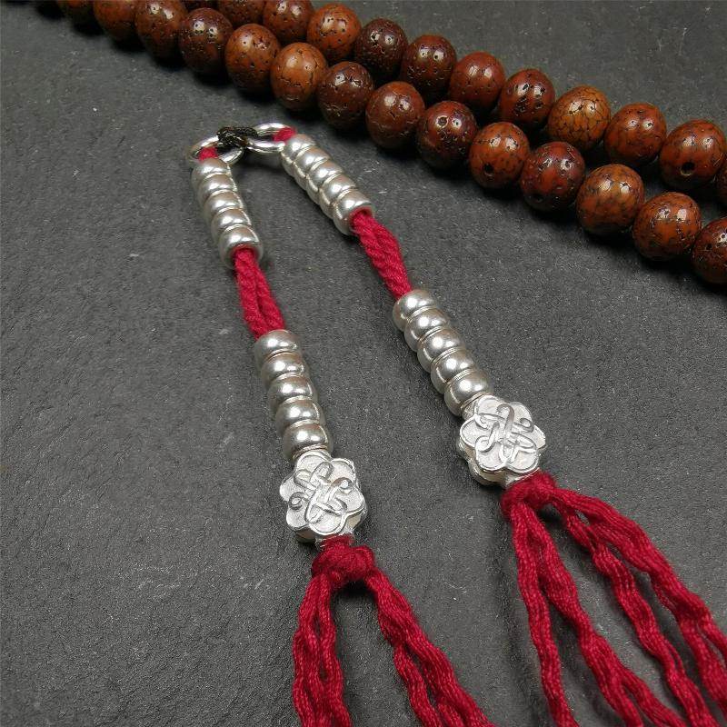 5mm Sterling Silver Prayer Bead Counters with Lucky Knot Pendant - Tibetan Buddhist art, front view