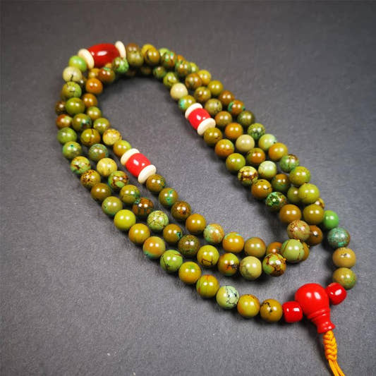 Old 0.27" Turquoise Mala,32" - Tibetan Buddhist mala beads, front view