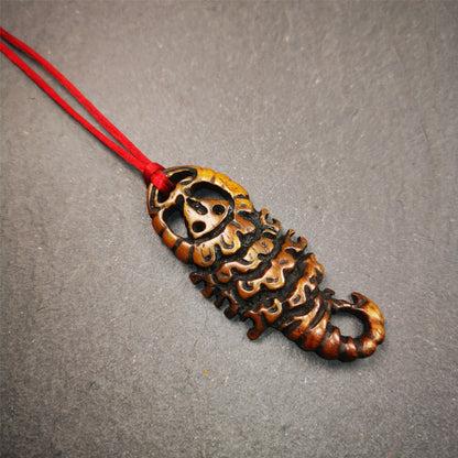 This unique bone carved Scorpion Guru pendant is made by Tibetan craftsmen in Hepo Township, Baiyu County, the birthplace of the famous Tibetan handicrafts. It's carved yak bone,brown color,2.2 inch height. You can make it into necklace,or mala pendant.