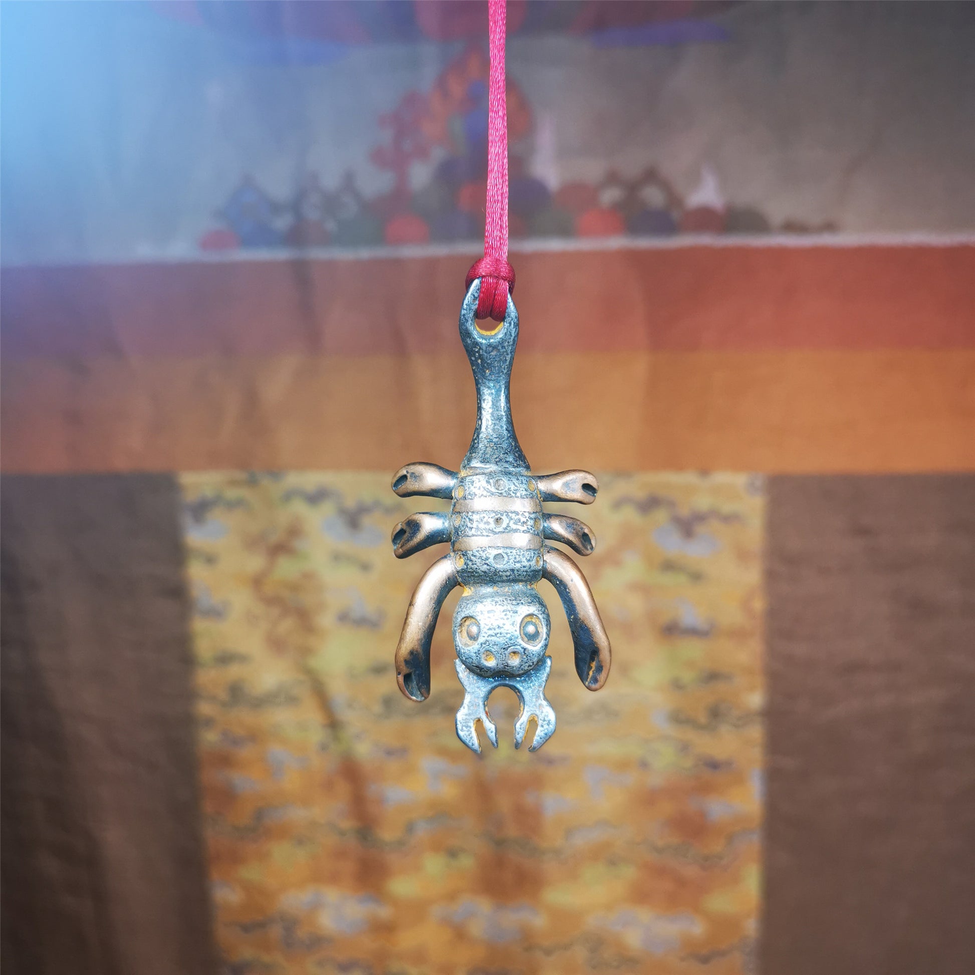 This scorpion is handmade by Tibetan craftsmen in Hepo Township, Baiyu County, the birthplace of the famous Tibetan handicrafts. It is made of cold iron,black color, the shape is scorpion guru (from Guru Rinpoche), use the copper inlaid and carved craftsmanship. The eight legs of this scorpion are carved from copper and are inlaid in a body made of thunder iron,a beautiful pattern on the abdomen of the scorpion, exquisite and beautiful craftsmanship.