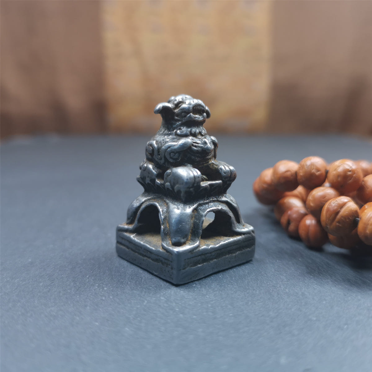 Snow Lion Stupa Seal,1.38" - Tibetan Buddhist art, size reference