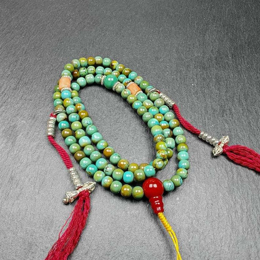 Gandhanra Old 108 Turquoise Beads Necklace Mala,Tibetan Prayer Beads for Meditation Practice ,Diameter 0.23", Circumference 24 inches