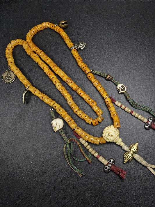 Old 10mm Yak Bone Carved Skull Mala Necklace 50cm Stretched