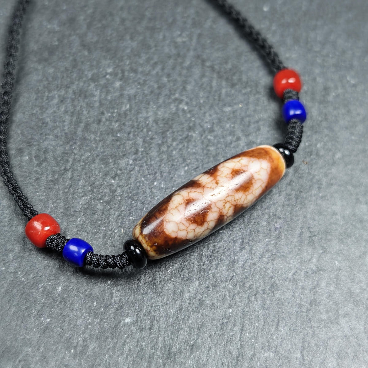 Vintage Fire Agate Vajra Dzi Necklace - Tibetan Buddhist bead necklace, detailed view