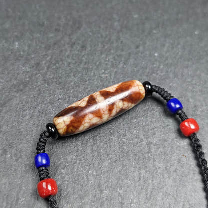 Vintage Fire Agate Vajra Dzi Necklace - Tibetan Buddhist bead necklace, close-up detail