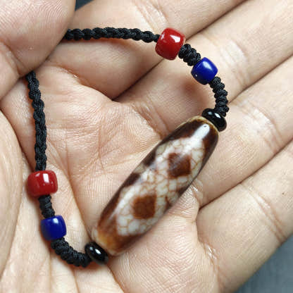 Vintage Fire Agate Vajra Dzi Necklace - Tibetan Buddhist bead necklace, view 7