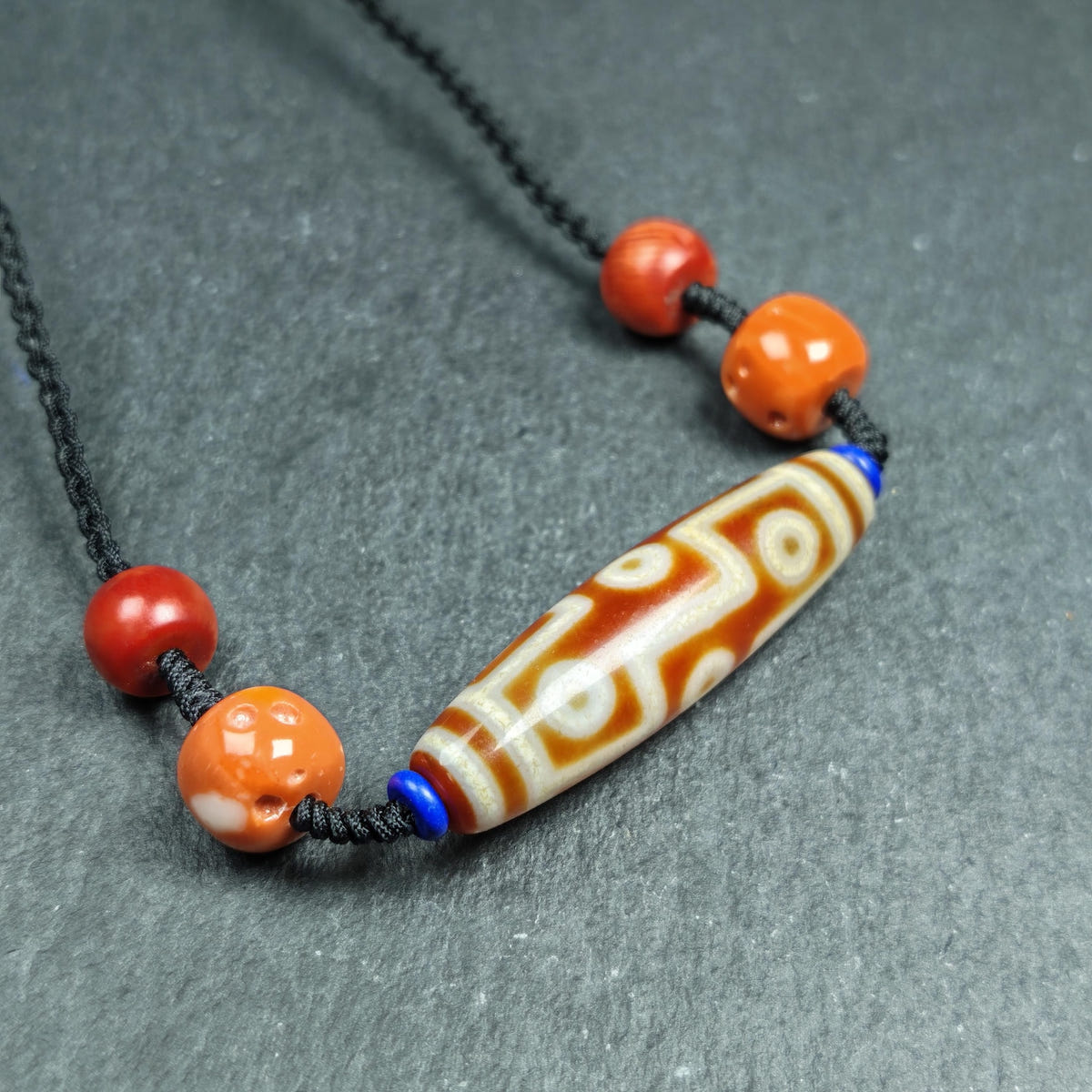 Vintage Tibetan 9 Eye Dzi Bead Necklace - Tibetan Buddhist bead necklace, front view