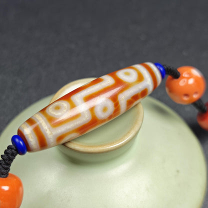 Vintage Tibetan 9 Eye Dzi Bead Necklace | Fire Agate Amulet