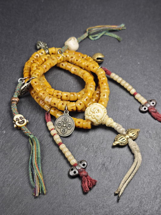 Old 10mm Yak Bone Carved Skull Mala Necklace 50cm Stretched
