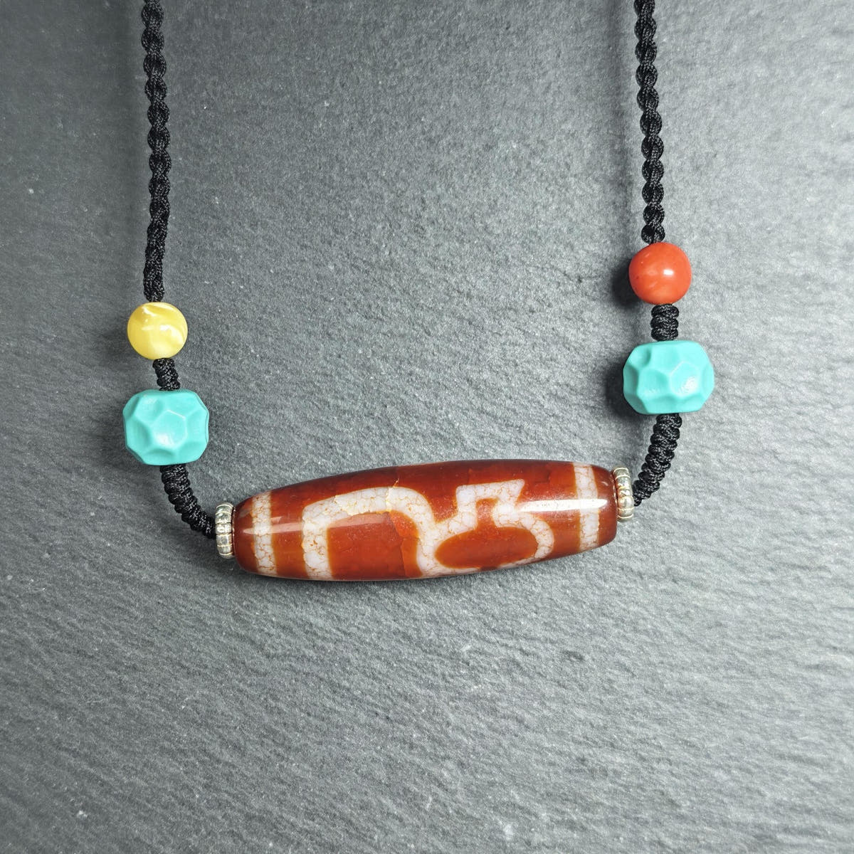 Authentic Fire Agate God of Wealth Dzi Necklace - Tibetan Buddhist bead necklace, view 13