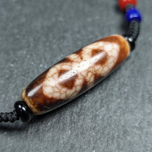Vintage Fire Agate Vajra Dzi Necklace - Tibetan Buddhist bead necklace, front view