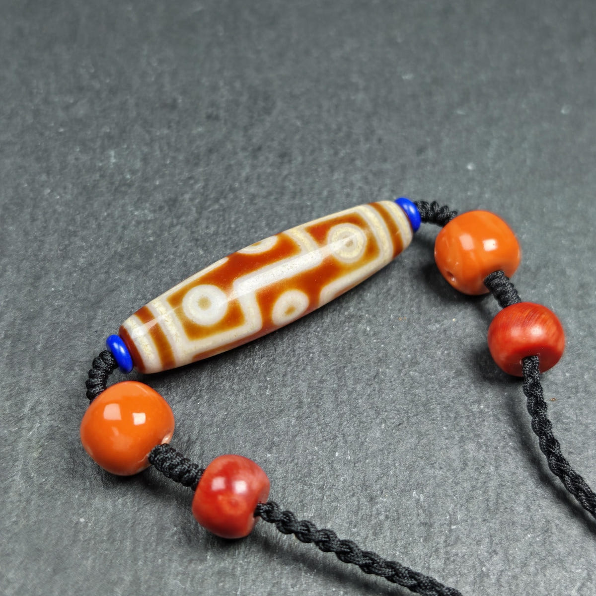 Vintage Tibetan 9 Eye Dzi Bead Necklace - Tibetan Buddhist bead necklace, detailed view