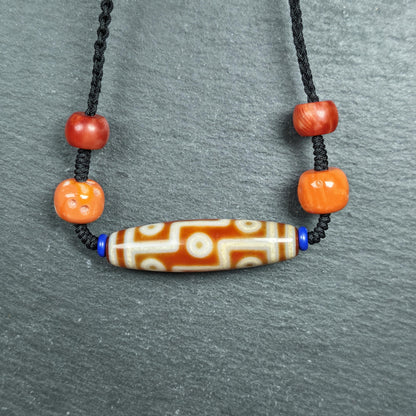Vintage Tibetan 9 Eye Dzi Bead Necklace | Fire Agate Amulet