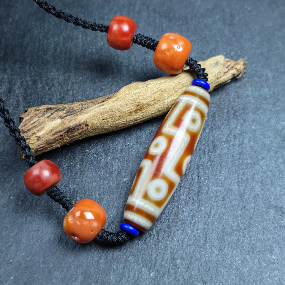 Vintage Tibetan 9 Eye Dzi Bead Necklace - Tibetan Buddhist bead necklace, view 7