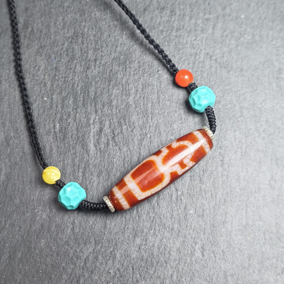 Authentic Fire Agate God of Wealth Dzi Necklace - Tibetan Buddhist bead necklace, front view