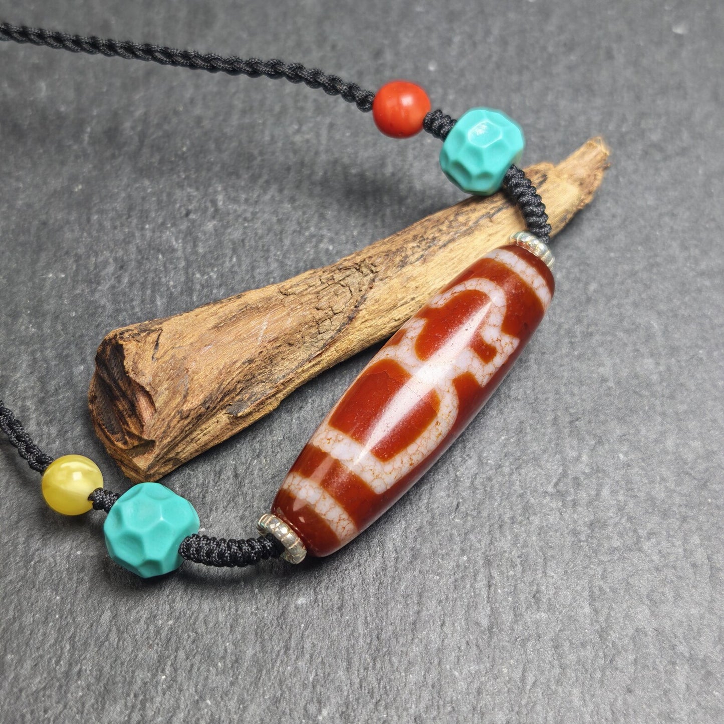 Authentic Fire Agate God of Wealth Dzi Necklace | 50*15mm