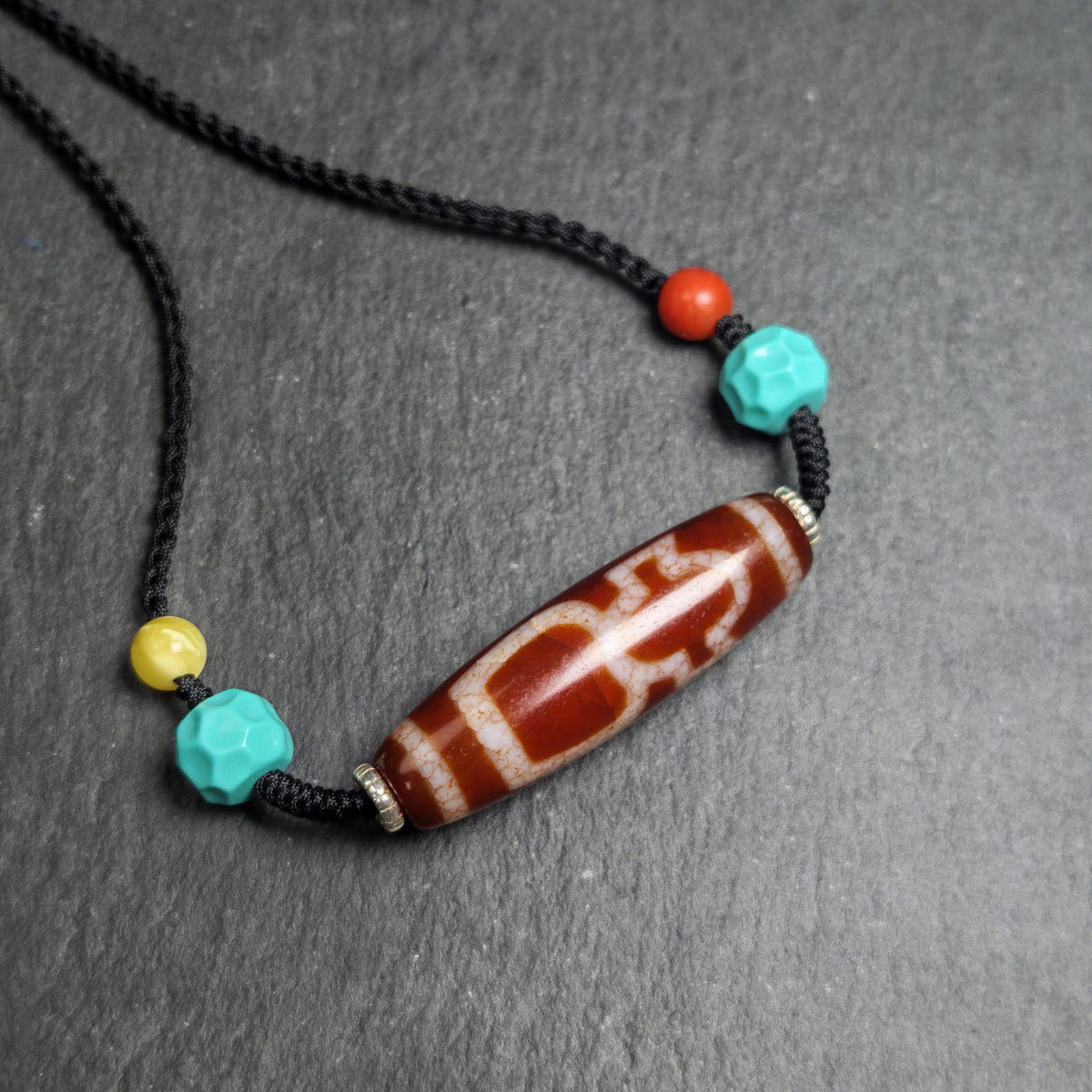 Authentic Fire Agate God of Wealth Dzi Necklace - Tibetan Buddhist bead necklace, view 6