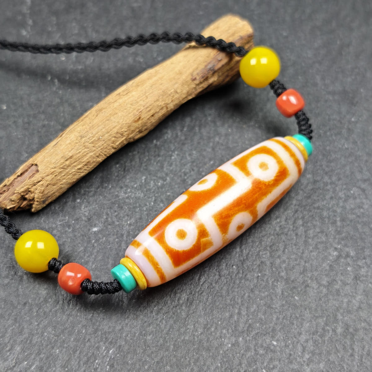 Fire Agate 9 Eyes Dzi Bead Necklace - Tibetan Buddhist bead necklace, view 5