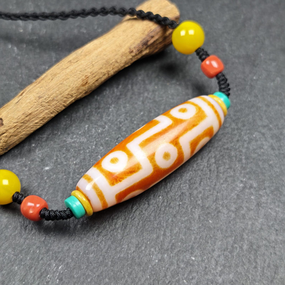 Fire Agate 9 Eyes Dzi Bead Necklace - Tibetan Buddhist bead necklace, view 6