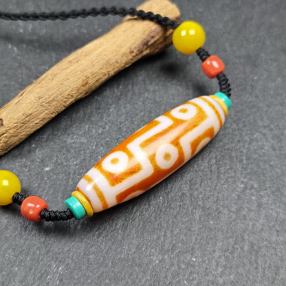 Fire Agate 9 Eyes Dzi Bead Necklace | Vintage Tibetan Amulet | Protective Charm with Topaz & Red Agate