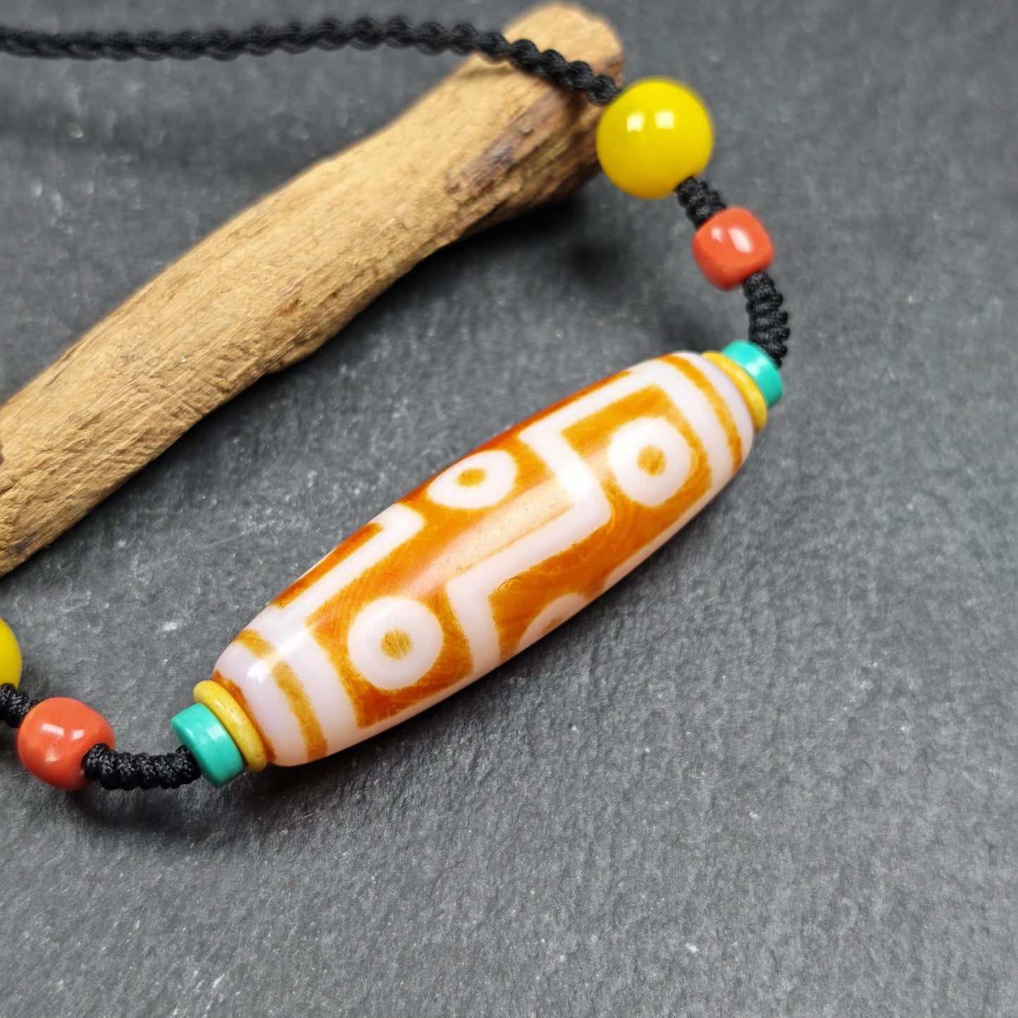 Fire Agate 9 Eyes Dzi Bead Necklace | Vintage Tibetan Amulet | Protective Charm with Topaz & Red Agate