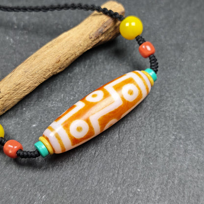 Fire Agate 9 Eyes Dzi Bead Necklace | Vintage Tibetan Amulet | Protective Charm with Topaz & Red Agate