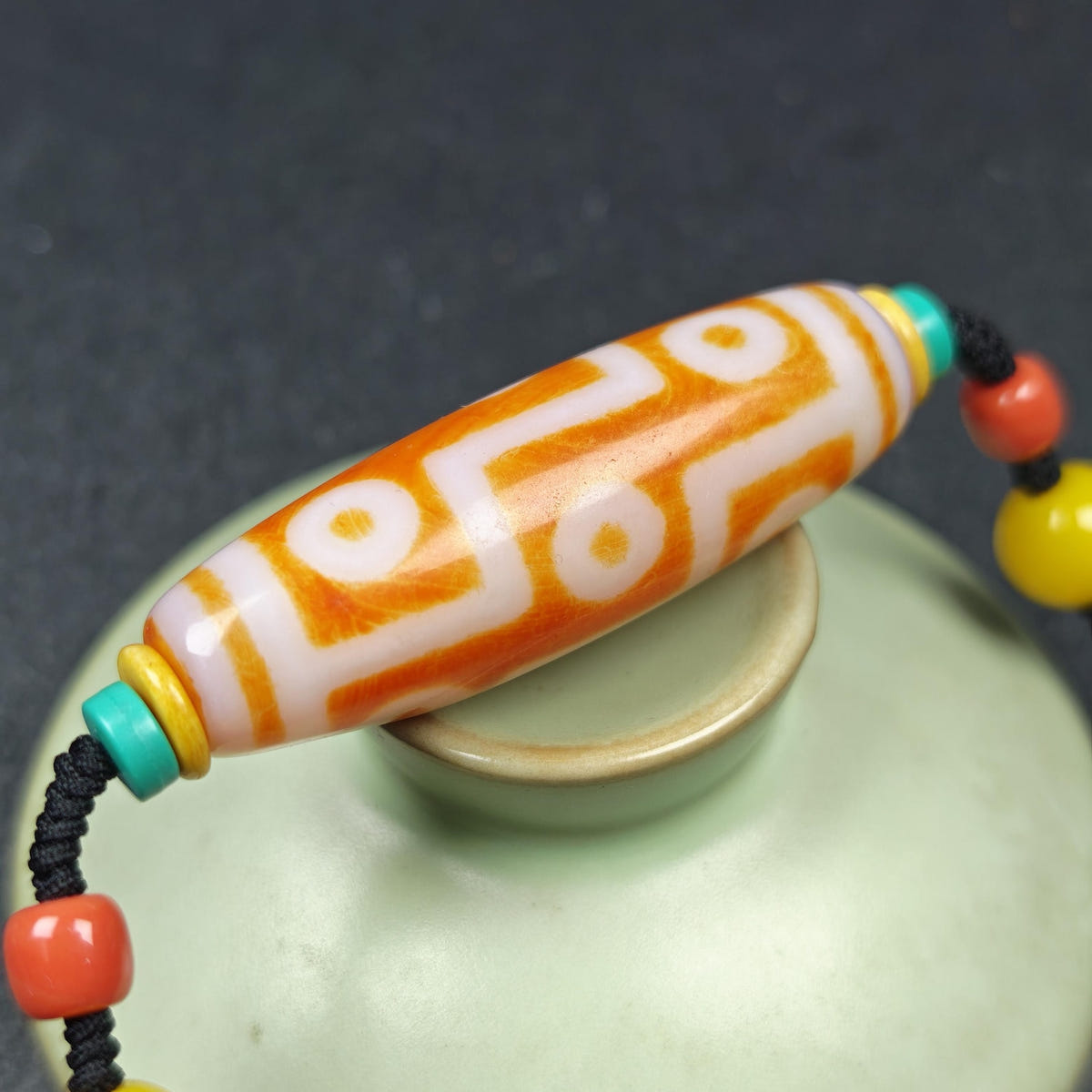 Fire Agate 9 Eyes Dzi Bead Necklace - Tibetan Buddhist bead necklace, view 8