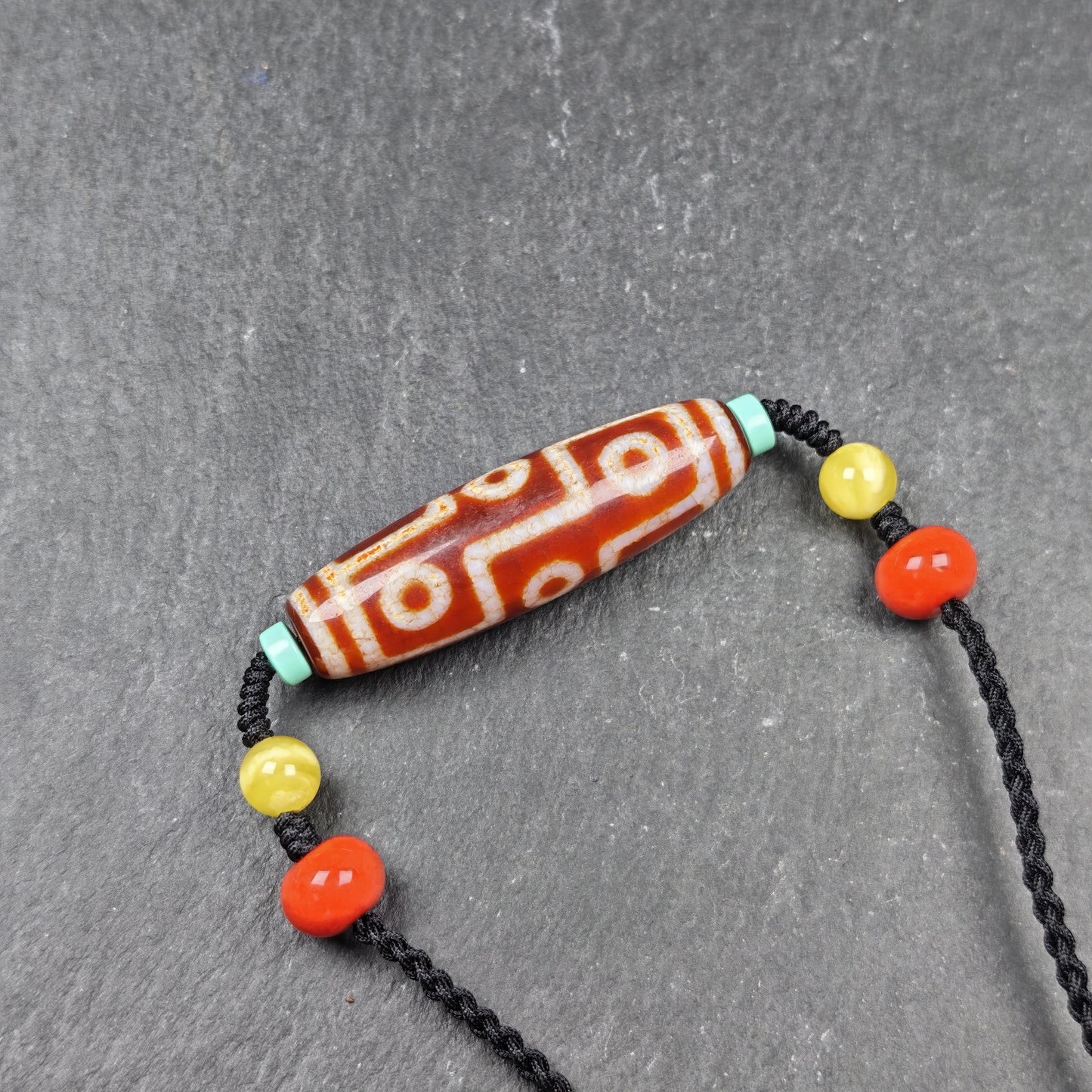 Unique Fire Agate 9 Eyes Dzi Bead Necklace